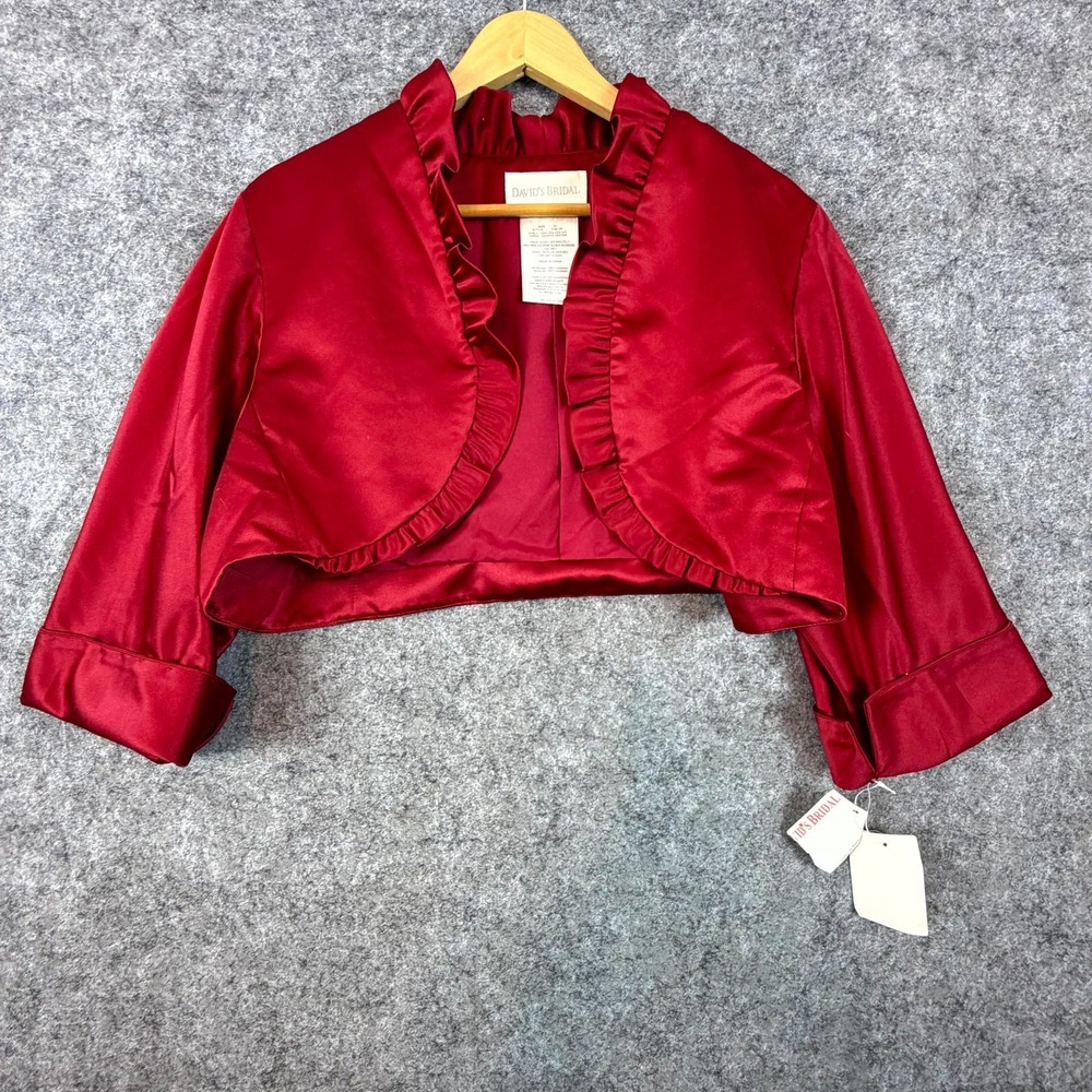 David's Bridal Bolero Jacket Womens 2X Apple Satin Ruffle Trimmed 3/4 Sleeve